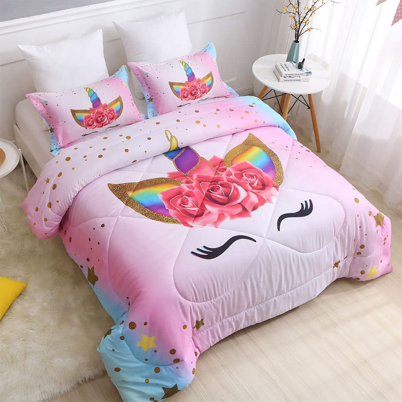SIRDO Girls Unicorn Bedding Set 3 Piece Rainbow Comforter Set for Teen Girls Adults with Sparkle Stars Soft Bedding Sets Machine Washable, Pink, Twin Home & Garden > Linens & Bedding > Bedding SIRDO Pink Twin 