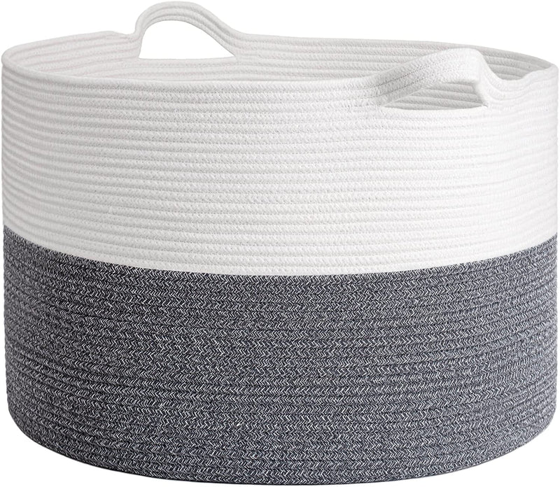 INDRESSME Xxxlarge Cotton Rope Basket 21.7" X 21.7" X 13.8" Woven Baby Laundry Blanket Basket Toy Basket with Handle Storage Comforter Cushions Thread Laundry Hamper Home & Garden > Household Supplies > Storage & Organization INDRESSME White & Gray  