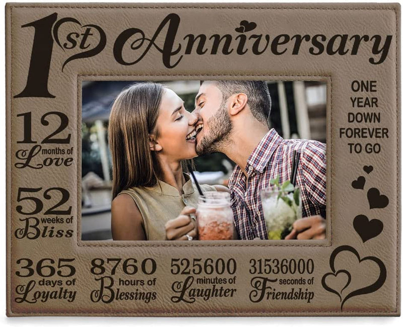 KATE POSH Our First (1St) Anniversary Engraved Leather Picture Frame - Gifts for Couple, Gifts for Him, Gift for Her, Paper, Photo Frame, First Wedding (5X7-Horizontal) Home & Garden > Decor > Picture Frames KATE POSH 5x7-Horizontal (Tan)  