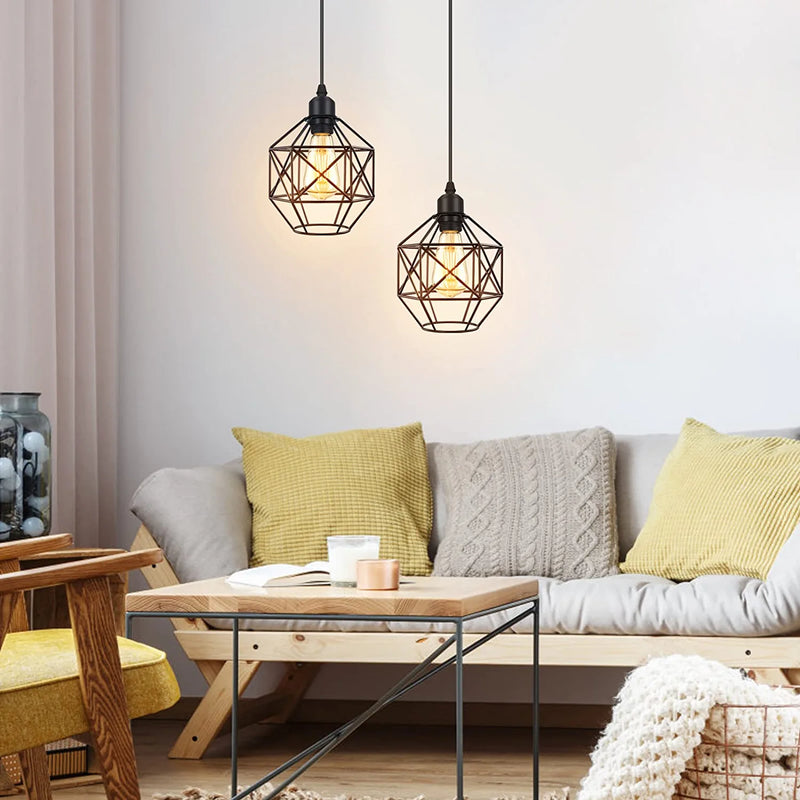 Industrial Plug in Pendant Light, Hanging Lamp with Plug in Cord, Vintage Metal Cage Pendant Lighting Fixture with 12Ft Cord and On/Off Switch for Kitchen Bedroom 2 Pack