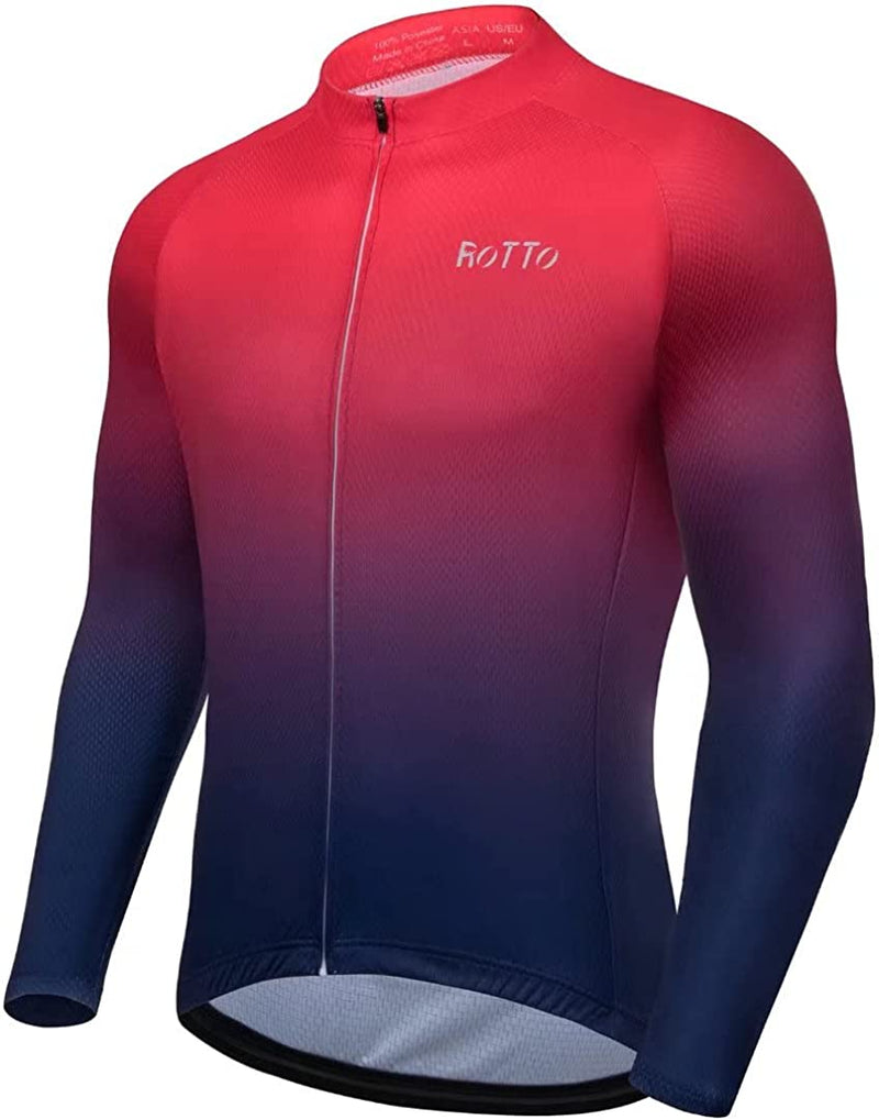 ROTTO Cycling Jersey Mens Bike Shirt Long Sleeve Gradient Color Series Sporting Goods > Outdoor Recreation > Cycling > Cycling Apparel & Accessories ROTTO 01 Red-dark Blue Medium 