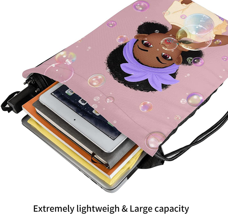 Fzryhaika African American Black Girl Print Drawstring Backpack Bag, Sports Gym Bag Sackpack String Bag for Girls Home & Garden > Household Supplies > Storage & Organization Fzryhaika   