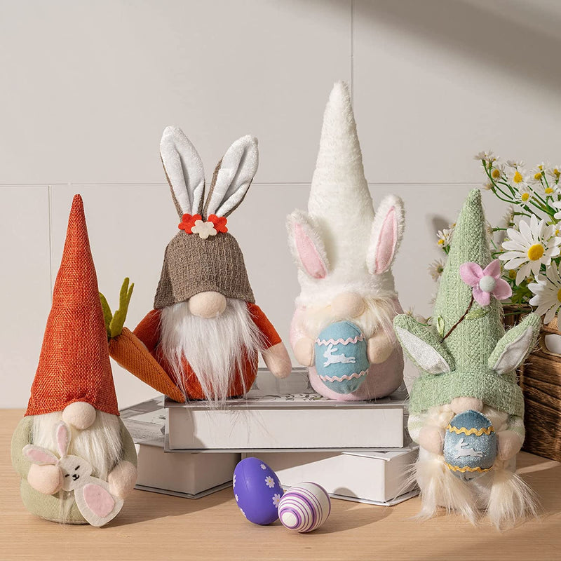 NIDUYONG Easter Gnomes Decorations, 4Pcs Plush Easter Bunny Egg Carrot Handmade Swedish Tomte Elf Stuffed Doll Rabbit Gifts, Spring Home Decor Gifts Toys for Kids, Kitchen Table Gift Table Ornament