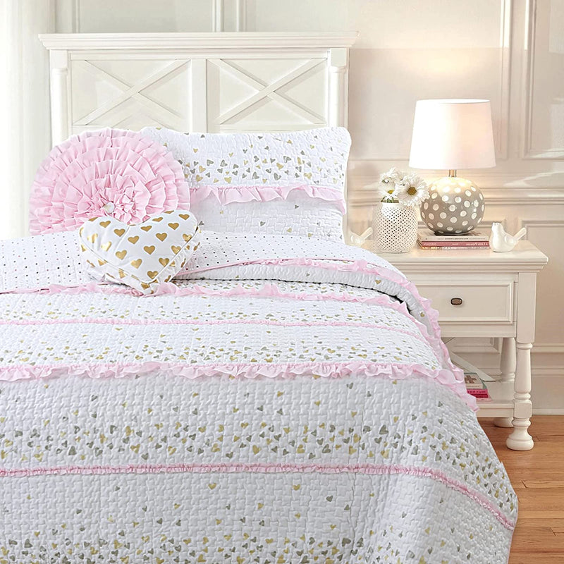 Cozy Line Home Fashions Pink Green Chic Ruffles Girl 100% Cotton Reversible Quilt Bedding Set, Coverlet, Bedspreads (Twin - 2 Piece: 1 Quilt + 1 Sham) Home & Garden > Linens & Bedding > Bedding Cozy Line Home Fashions Sparkling Hearts Twin 