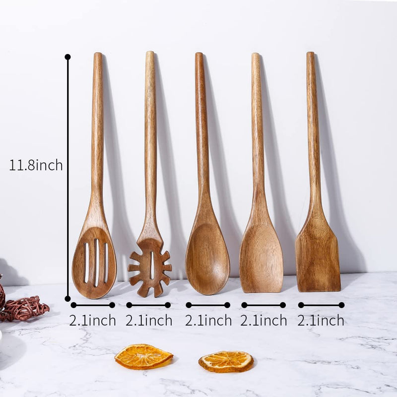 Exquisite Wooden Cooking Utensils for Kitchen, Set of 5, 12 Inch Acacia Wood Kitchenware Tool Set, Cooking Gadgets Includes Spoon, Spoon Spatula, Spaghetti Spoon, Slotted Spoon, Shovel Home & Garden > Kitchen & Dining > Kitchen Tools & Utensils Decent Vrvege   