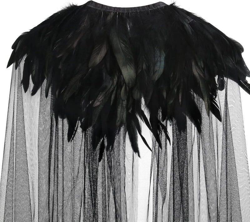 Womens Halloween Evil Queen Witch Cosplay Cloak Steampunk Black Feather Collar Vampire Cape Carnival Costume Party Props  NIHONCOS   