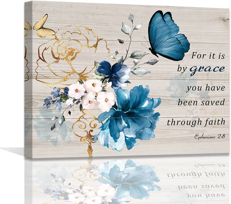 Butterfly Bathroom Decor Bible Verse Inspirational Wall Art Canvas Christian Home Decorations Blue Flower Prints Wall Pictures Artwork for Home Walls Grace Canvas Art Room Decor Framed 12X16Inch