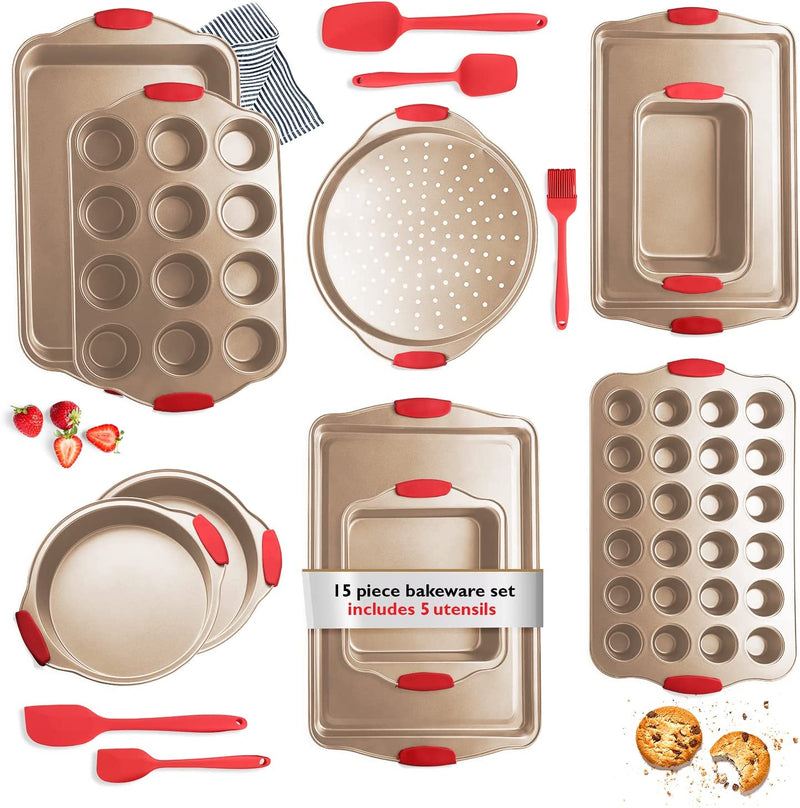 Eatex Nonstick Bakeware Sets with Baking Pans Set, 15 Piece Baking Set with Muffin Pan, Cake Pan & Cookie Sheets for Baking Nonstick Set, Steel Baking Sheets for Oven with Kitchen Utensils Set - Brown Home & Garden > Kitchen & Dining > Cookware & Bakeware EATEX Brown 15 Piece Set 