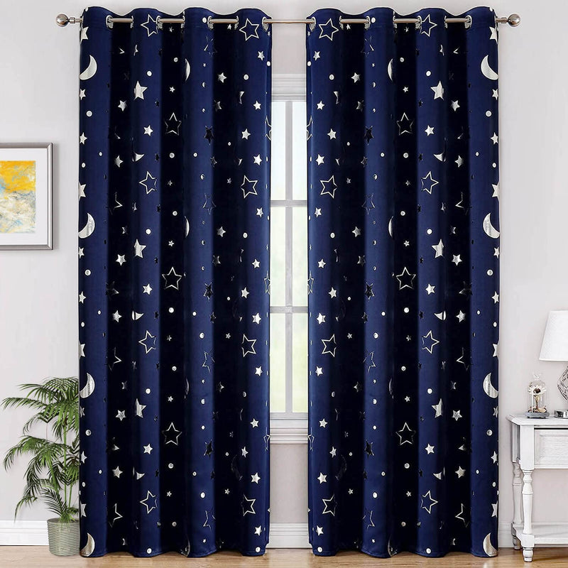 Navy Blue Blackout Galaxy Curtains 84 Inch for Nursery Bedroom, Soundproof Kids Room Darkening Grommet Constellation Curtain Drapes 2 Panels for Living/Dining Room Home & Garden > Decor > Window Treatments > Curtains & Drapes WUBODTI Navy Blue 52×84 