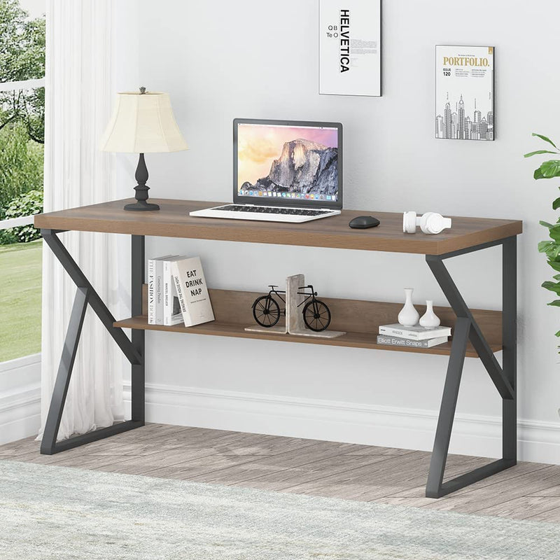 HSH Industrial Computer Desk, Home Office Desk with Shelves Storage, Modern Farmhouse Wood and Metal Study Writing Table, Vintage Simple Executive Work Desk for Gaming Student, Rustic Oak, 55 Inch Home & Garden > Household Supplies > Storage & Organization HSH   