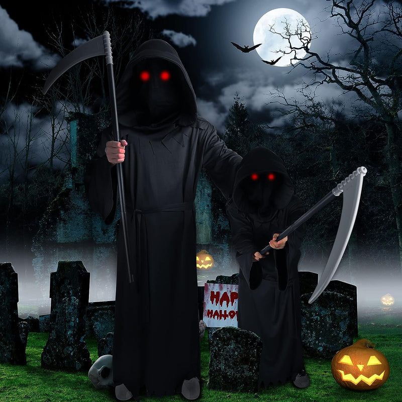 4-Size Grim-Reaper Costume Kids Adult with Glowing Red Eyes & Scythe Cosplay, Death Scary Halloween Costumes for Kids Adults  Colplay   