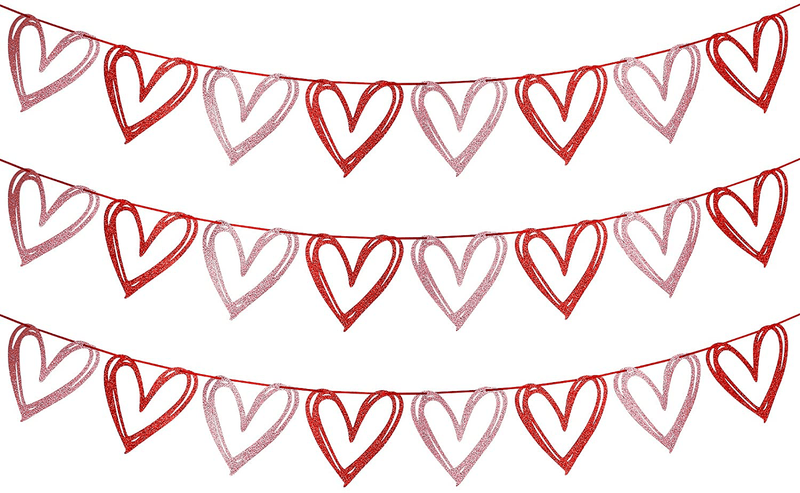 3Pcs Heart Garland Banner Red & Pink Glitter, Heart Decorations,Valentine Decorations,Heart Garland Decor,Valentines Day Decorations, Hanging Hearts,Valentine'S Garland,Valentines Decorations for Home Mantle Office Home & Garden > Decor > Seasonal & Holiday Decorations LeeSky   