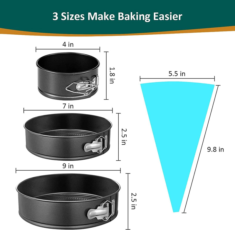 3Pcs Springform Cake Pan Set - 4 7 9 Inch Steel Nonstick Leakproof Cheesecake Pans round Cake Molds Removable Bottom Bakeware for Smash Cake, Pizzas and Quiches with 2 Pastry Bags 6 Icing Tips Home & Garden > Kitchen & Dining > Cookware & Bakeware Mareston   