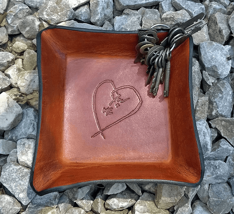 3rd Anniversary Leather Tray. Distressed Leather Valet with Heart.