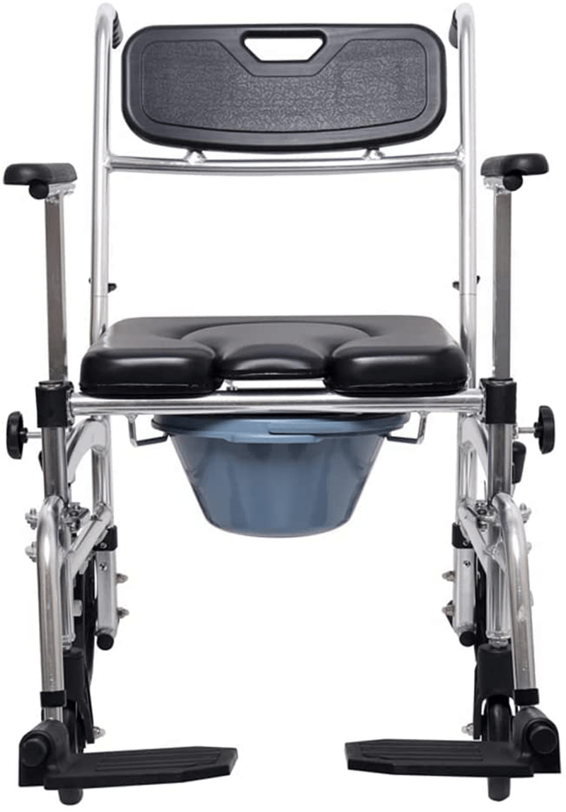 4 in 1 Bedside Commode Wheelchair with Handles Adjustable Padded Seat Detachable Bucket for Elderly Portable Toilet Shower Transport Chair with 4 Brakes for over Toilet