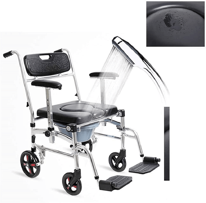 4 in 1 Bedside Commode Wheelchair with Handles Adjustable Padded Seat Detachable Bucket for Elderly Portable Toilet Shower Transport Chair with 4 Brakes for over Toilet