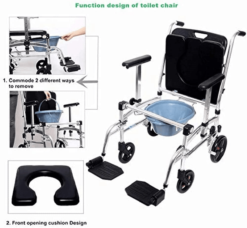 4 in 1 Bedside Commode Wheelchair with Handles Adjustable Padded Seat Detachable Bucket for Elderly Portable Toilet Shower Transport Chair with 4 Brakes for over Toilet Sporting Goods > Outdoor Recreation > Camping & Hiking > Portable Toilets & Showers BSROZKI   