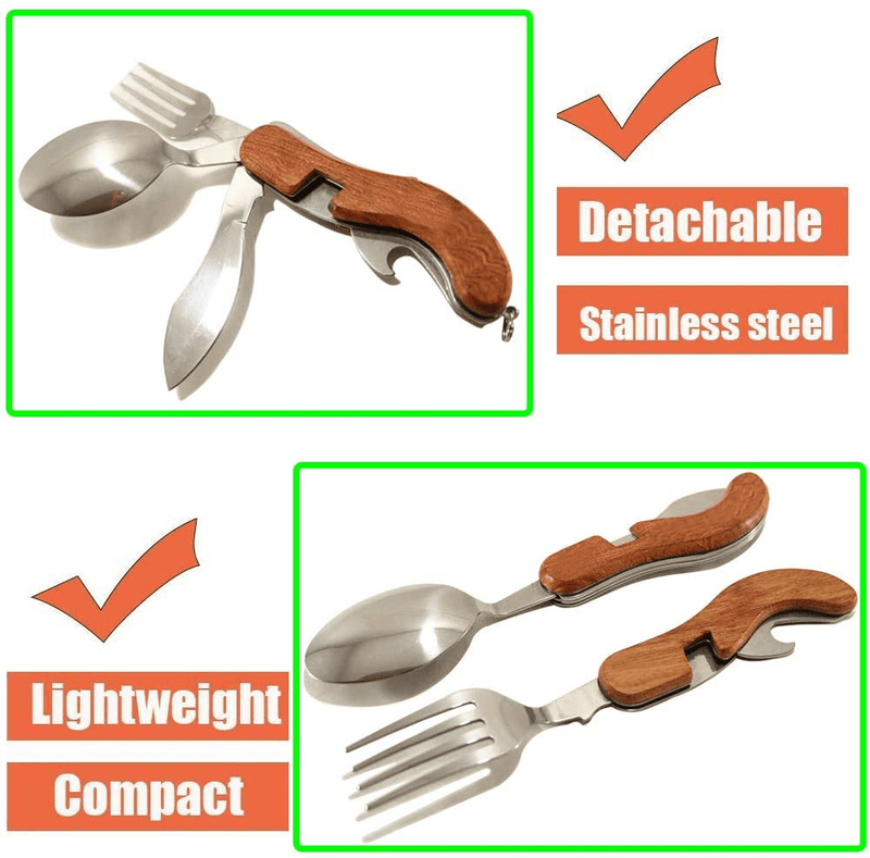 4-In-1 Camping Tableware Utensils, Portable & Detachable Stainless Steel Spoon Fork Knife & Bottle Opener Combo Set - Travel, Backpacking Cutlery Multitool