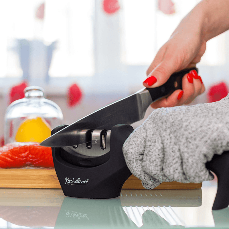 4-in-1 Kitchen Knife Accessories: 3-Stage Knife Sharpener Helps Repair, Restore, Polish Blades and Cut-Resistant Glove (Black) Home & Garden > Kitchen & Dining > Kitchen Tools & Utensils > Kitchen Knives KITCHELLENCE   