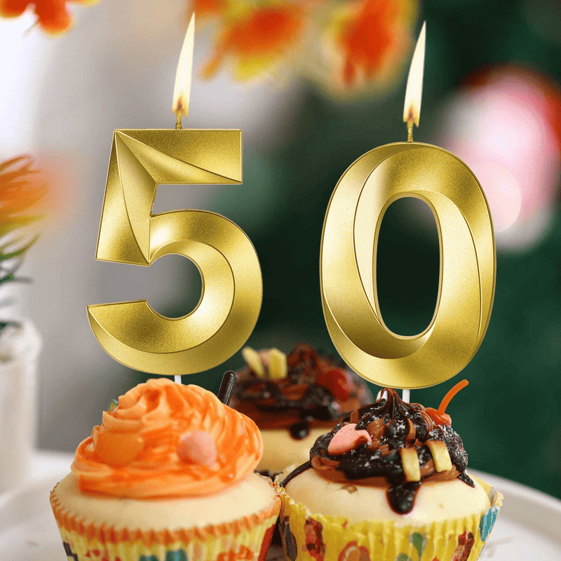 4 Inch 50th Birthday Candles, 3D Diamond Shape Number 50 Candles Cake Topper Numeral Candles Cake Topper for Birthday Anniversary Party Decorations (Bright Gold)