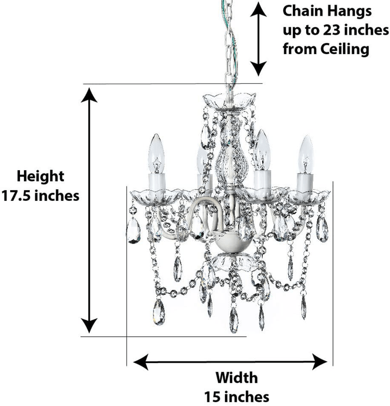 4 Light Crystal White Hardwire Flush Mount Chandelier H17.5”xW15”, White Metal Frame with Clear Glass Stem and Clear Acrylic Crystals & Beads That Sparkle Just Like Glass Arts & Entertainment > Party & Celebration > Party Supplies Gypsy Color   