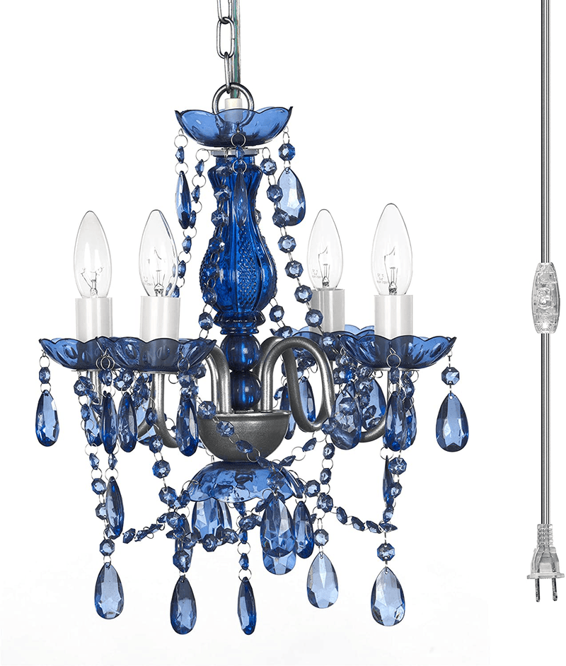 4 Light Crystal White Hardwire Flush Mount Chandelier H17.5”xW15”, White Metal Frame with Clear Glass Stem and Clear Acrylic Crystals & Beads That Sparkle Just Like Glass Arts & Entertainment > Party & Celebration > Party Supplies Gypsy Color Cobalt Blue 4 Light Plug-in 
