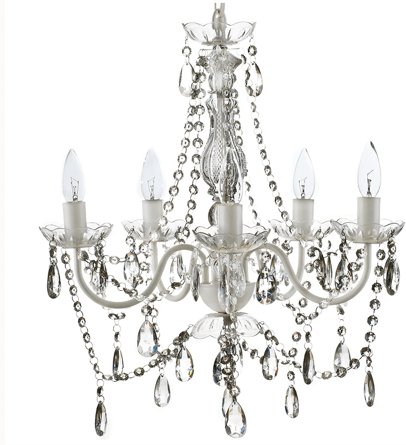 4 Light Crystal White Hardwire Flush Mount Chandelier H17.5”Xw15”, White Metal Frame with Clear Glass Stem and Clear Acrylic Crystals & Beads That Sparkle Just like Glass