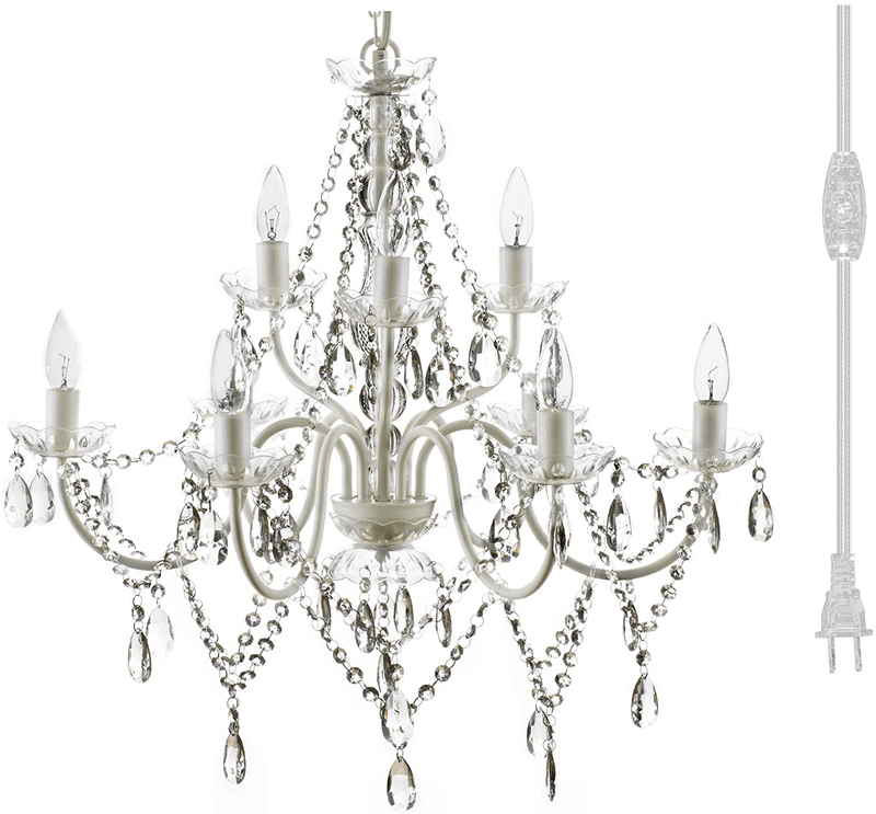 4 Light Crystal White Hardwire Flush Mount Chandelier H17.5”Xw15”, White Metal Frame with Clear Glass Stem and Clear Acrylic Crystals & Beads That Sparkle Just like Glass Home & Garden > Lighting > Lighting Fixtures > Chandeliers Gypsy Color Crystal White 9 Light Plug-in 