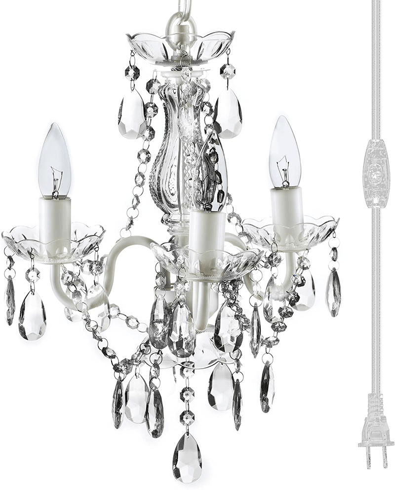 4 Light Crystal White Hardwire Flush Mount Chandelier H17.5”Xw15”, White Metal Frame with Clear Glass Stem and Clear Acrylic Crystals & Beads That Sparkle Just like Glass