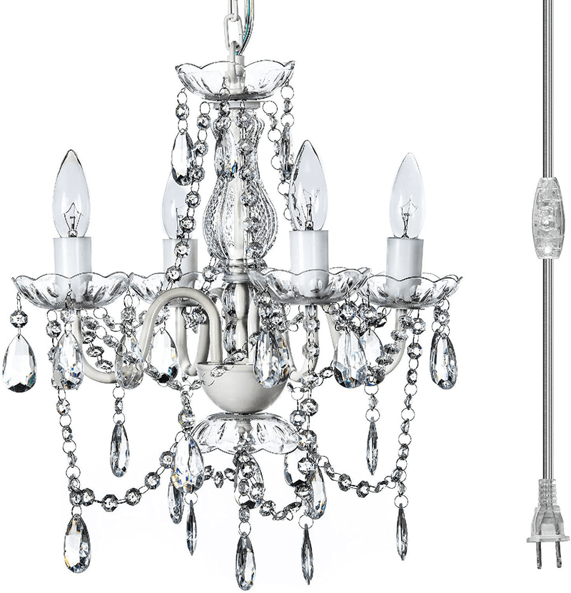4 Light Crystal White Hardwire Flush Mount Chandelier H17.5”Xw15”, White Metal Frame with Clear Glass Stem and Clear Acrylic Crystals & Beads That Sparkle Just like Glass Home & Garden > Lighting > Lighting Fixtures > Chandeliers Gypsy Color Crystal White 4 Light Plug-in 