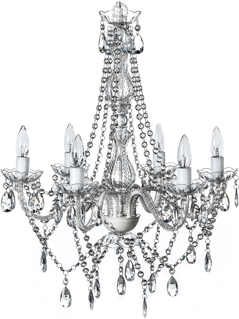 4 Light Crystal White Hardwire Flush Mount Chandelier H17.5”Xw15”, White Metal Frame with Clear Glass Stem and Clear Acrylic Crystals & Beads That Sparkle Just like Glass Home & Garden > Lighting > Lighting Fixtures > Chandeliers Gypsy Color Crystal White 6 Light Hardwire 