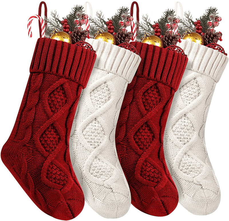 4 Pack Christmas Stockings, 14 Inches Cable Knitted Stocking Gifts & Decoration for Family Holiday Xmas Party Decor, Ivory White and Burgundy Home & Garden > Decor > Seasonal & Holiday Decorations& Garden > Decor > Seasonal & Holiday Decorations Fesciory 4pcs White&red  