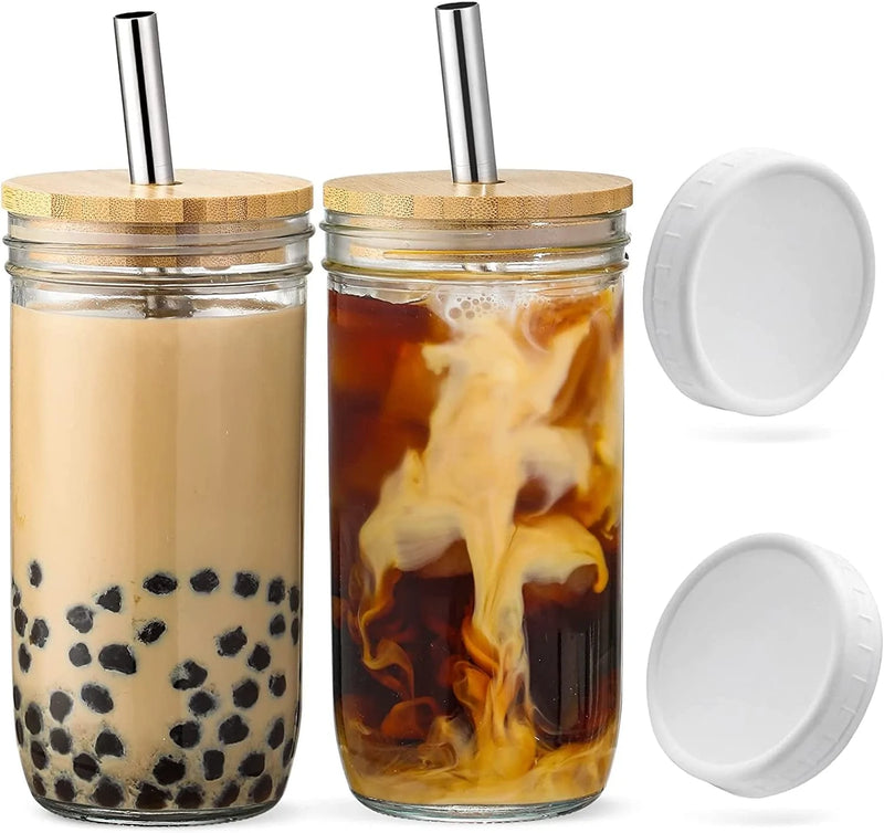 [ 4 Pack ] Glass Cups Set - 24Oz Mason Jar Drinking Glasses W Bamboo Lids & Straws & 2 Airtight Lids - Cute Reusable Boba Bottle, Iced Coffee Glasses, Travel Tumbler for Bubble Tea, Smoothie, Juice