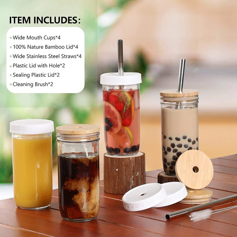 [ 4 Pack ] Glass Cups Set - 24Oz Mason Jar Drinking Glasses W Bamboo Lids & Straws & 2 Airtight Lids - Cute Reusable Boba Bottle, Iced Coffee Glasses, Travel Tumbler for Bubble Tea, Smoothie, Juice Home & Garden > Kitchen & Dining > Tableware > Drinkware NETANY   