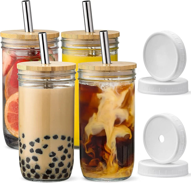 [ 4 Pack ] Glass Cups Set - 24Oz Mason Jar Drinking Glasses W Bamboo Lids & Straws & 2 Airtight Lids - Cute Reusable Boba Bottle, Iced Coffee Glasses, Travel Tumbler for Bubble Tea, Smoothie, Juice Home & Garden > Kitchen & Dining > Tableware > Drinkware NETANY 4  