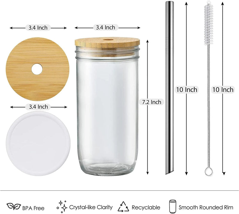 [ 4 Pack ] Glass Cups Set - 24Oz Mason Jar Drinking Glasses W Bamboo Lids & Straws & 2 Airtight Lids - Cute Reusable Boba Bottle, Iced Coffee Glasses, Travel Tumbler for Bubble Tea, Smoothie, Juice Home & Garden > Kitchen & Dining > Tableware > Drinkware NETANY   