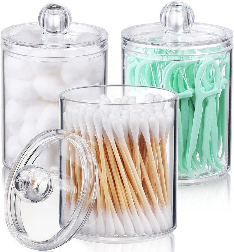 4 Pack Qtip Holder Dispenser for Cotton Ball, Cotton Swab, Cotton round Pads, Floss - 10 Oz Clear Plastic Apothecary Jar Set for Bathroom Canister Storage Organization, Vanity Makeup Organizer