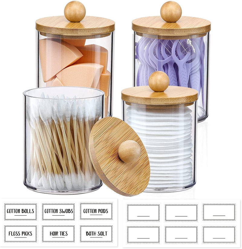 4 Pack Qtip Holder Dispenser with Bamboo Lids - 10 Oz Clear Plastic Apothecary Jar Containers for Vanity Makeup Organizer Storage - Bathroom Accessories Set for Cotton Swab, Ball, Pads, Floss Home & Garden > Household Supplies > Storage & Organization VITEVER   