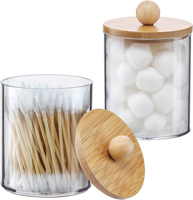 4 Pack Qtip Holder Dispenser with Bamboo Lids - 10 Oz Clear Plastic Apothecary Jar Containers for Vanity Makeup Organizer Storage - Bathroom Accessories Set for Cotton Swab, Ball, Pads, Floss