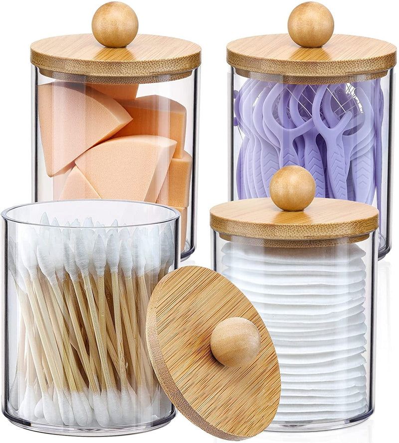 4 Pack Qtip Holder Dispenser with Bamboo Lids - 10 Oz Clear Plastic Apothecary Jar Containers for Vanity Makeup Organizer Storage - Bathroom Accessories Set for Cotton Swab, Ball, Pads, Floss Home & Garden > Household Supplies > Storage & Organization VITEVER 4 Pack of 10 oz  