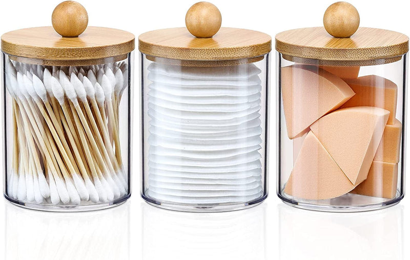 4 Pack Qtip Holder Dispenser with Bamboo Lids - 10 Oz Clear Plastic Apothecary Jar Containers for Vanity Makeup Organizer Storage - Bathroom Accessories Set for Cotton Swab, Ball, Pads, Floss Home & Garden > Household Supplies > Storage & Organization VITEVER 3 Pack of 10 oz  