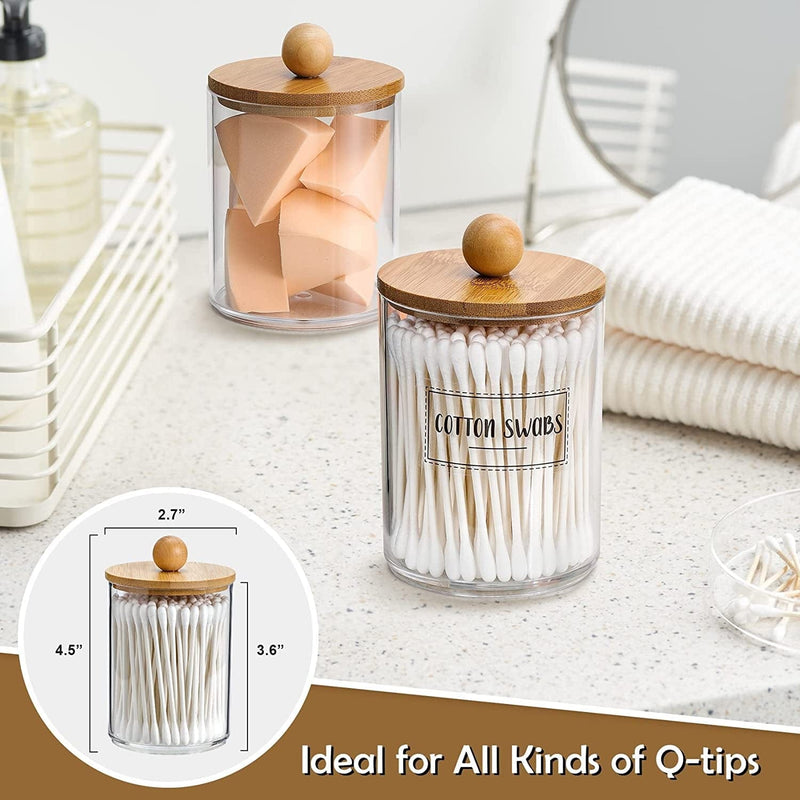 4 Pack Qtip Holder Dispenser with Bamboo Lids - 10 Oz Clear Plastic Apothecary Jar Containers for Vanity Makeup Organizer Storage - Bathroom Accessories Set for Cotton Swab, Ball, Pads, Floss Home & Garden > Household Supplies > Storage & Organization VITEVER   