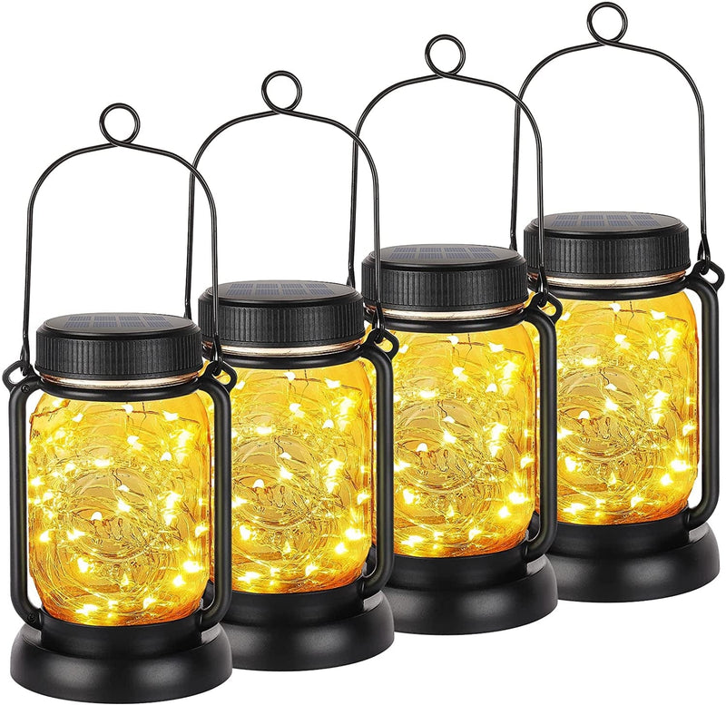 4 Pack Solar Hanging Mason Jar Lights with Stakes, Outdoor Waterproof Decorative Solar Lantern Table Lamp, Vintage Glass Jar Starry Fairy Light with 30 Leds for Patio Garden Tree (Warm White) Home & Garden > Lighting > Lamps Mlambert Warm White  