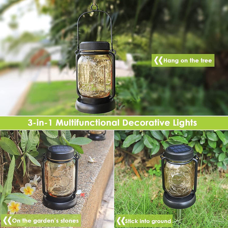 4 Pack Solar Hanging Mason Jar Lights with Stakes, Outdoor Waterproof Decorative Solar Lantern Table Lamp, Vintage Glass Jar Starry Fairy Light with 30 Leds for Patio Garden Tree (Warm White) Home & Garden > Lighting > Lamps Mlambert   