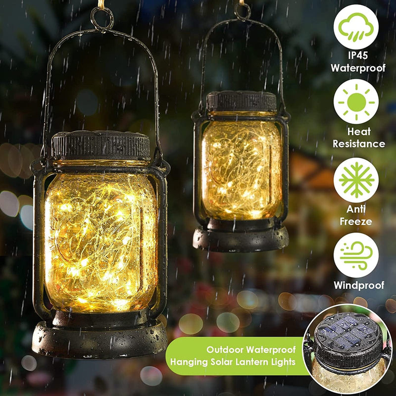 4 Pack Solar Hanging Mason Jar Lights with Stakes, Outdoor Waterproof Decorative Solar Lantern Table Lamp, Vintage Glass Jar Starry Fairy Light with 30 Leds for Patio Garden Tree (Warm White) Home & Garden > Lighting > Lamps Mlambert   
