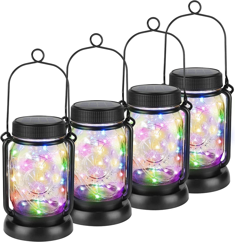 4 Pack Solar Hanging Mason Jar Lights with Stakes, Outdoor Waterproof Decorative Solar Lantern Table Lamp, Vintage Glass Jar Starry Fairy Light with 30 Leds for Patio Garden Tree (Warm White) Home & Garden > Lighting > Lamps Mlambert Multicolor  