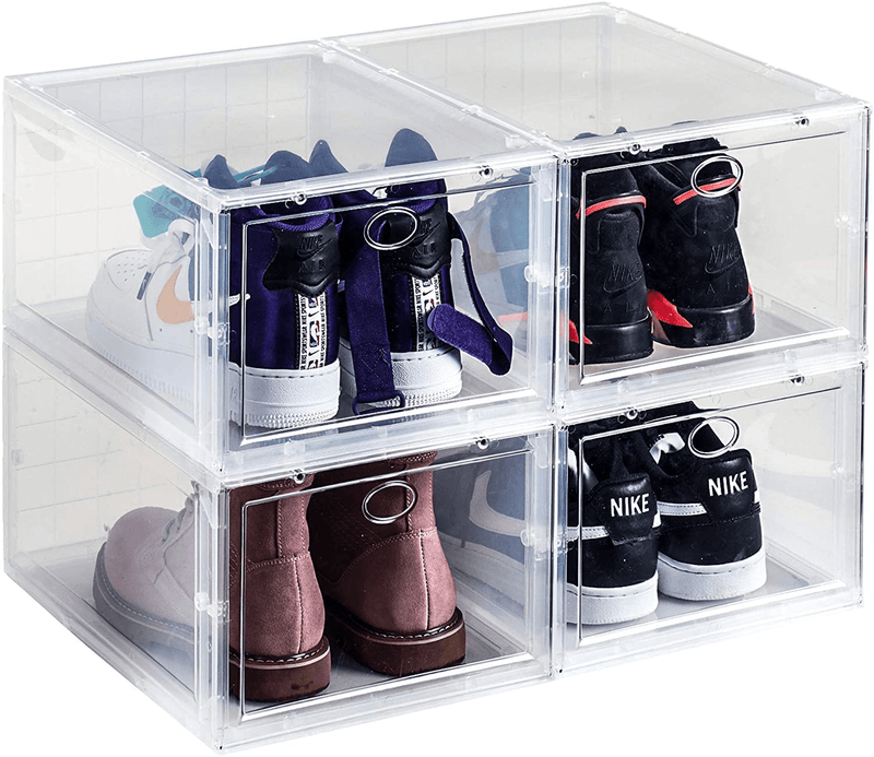 4 Pack Stackable Shoe Storage Box,Shoe Organizer and Container for Storagae Clear Plastic Storage Box Sneaker Storage Bins for Size 13 - White