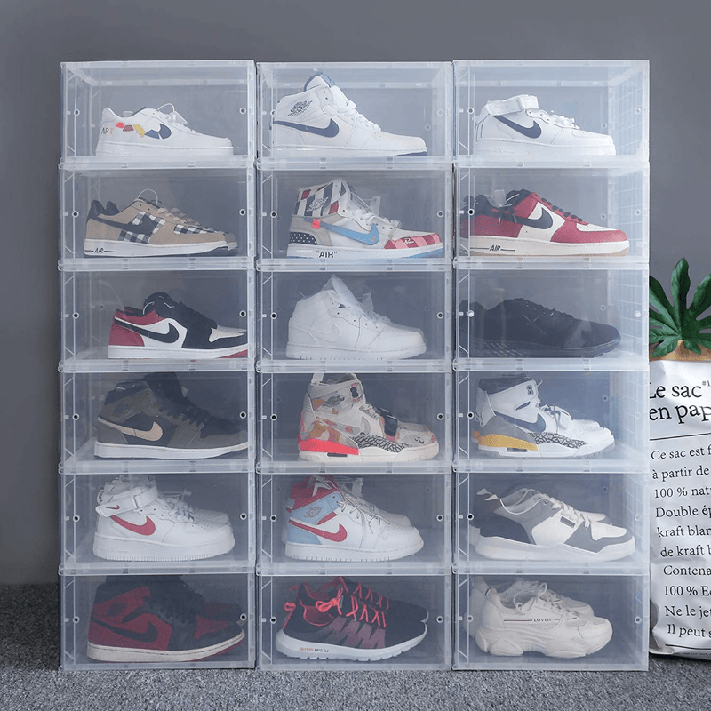 4 Pack Stackable Shoe Storage Box,Shoe Organizer and Container for Storagae Clear Plastic Storage Box Sneaker Storage Bins for Size 13 - White