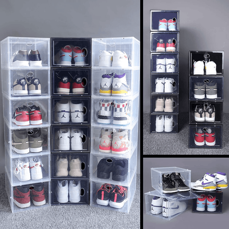 4 Pack Stackable Shoe Storage Box,Shoe Organizer and Container for Storagae Clear Plastic Storage Box Sneaker Storage Bins for Size 13 - White Furniture > Cabinets & Storage > Armoires & Wardrobes N\W   