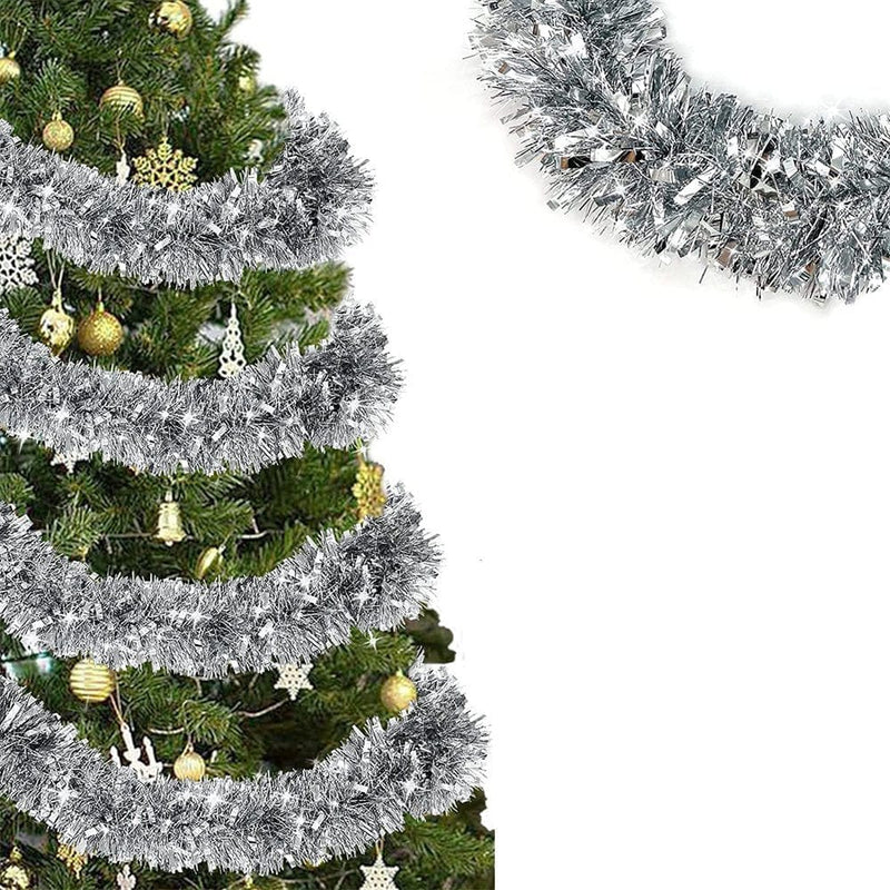 4 Pack Total 28 Ft Tinsel Garlands Christmas Tree Decorations, Thick Thin Metallic Streamers Xmas Garland Holiday Christmas Decorations Home Indoor Outdoor Party Supplies,(Gold)  tengfan Silver  